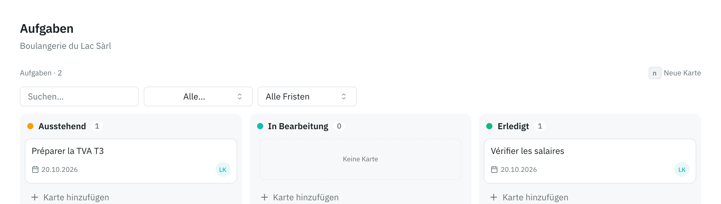 Das Aufgabenbrett eines Mandats: die Spalten Ausstehend, In Bearbeitung und Erledigt, mit je einer Karte.