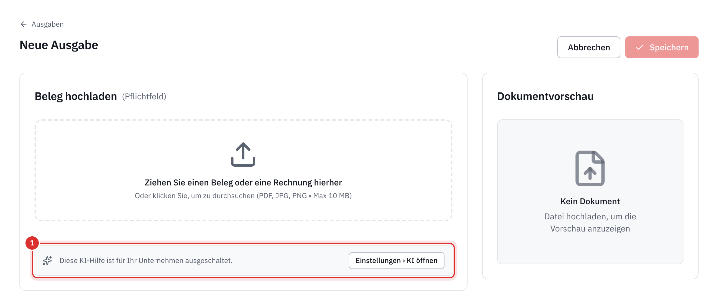 Die Seite Neue Ausgabe eines Unternehmens ohne KI: unter dem Bereich der Quittung der Hinweis Diese KI-Hilfe ist für Ihr Unternehmen ausgeschaltet, mit der Schaltfläche Einstellungen, KI öffnen.