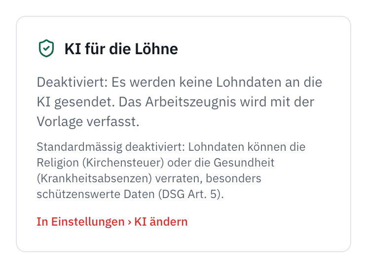 Die Karte KI für die Löhne der Seite Löhne, Versicherungen: Deaktiviert, es werden keine Lohndaten an die KI gesendet, der Grund und der Link In Einstellungen, KI ändern.