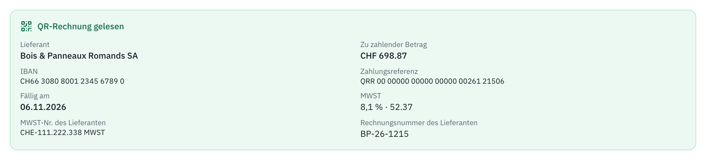 Der Bereich QR-Rechnung gelesen: Lieferant, zu zahlender Betrag, IBAN, QR-Referenz, Fälligkeit, MWST zu 8,1 %, MWST-Nummer und Rechnungsnummer des Lieferanten.