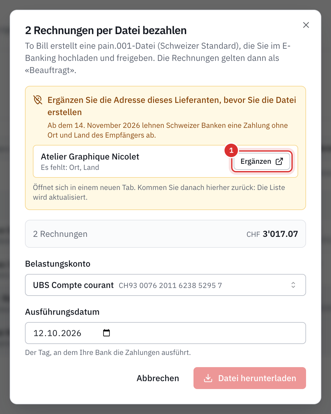 Das Zahlungsfenster mit der Warnung Ergänzen Sie die Adresse dieses Lieferanten, bevor Sie die Datei erstellen: Atelier Graphique Nicolet, es fehlen Ort und Land, mit der Schaltfläche Ergänzen.