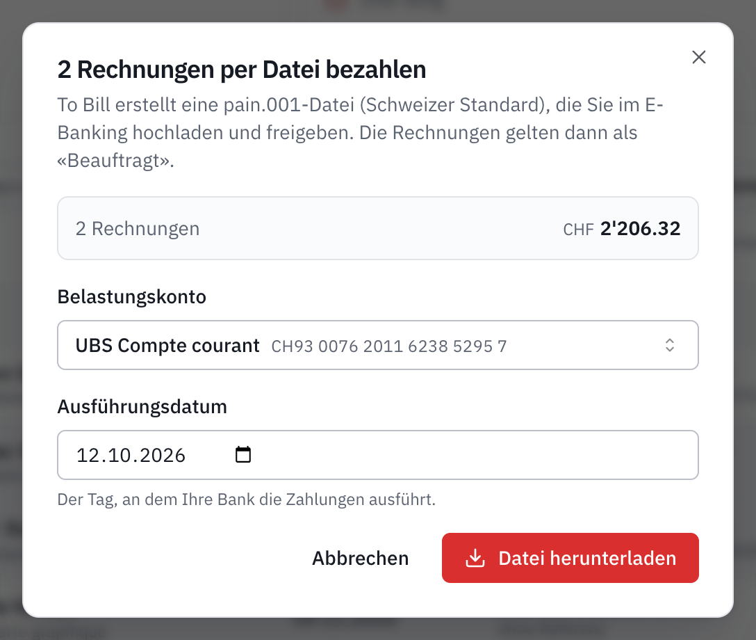 Das Fenster 2 Rechnungen per Datei bezahlen: das Total, das Belastungskonto UBS Compte courant, das Ausführungsdatum und die Schaltfläche Datei herunterladen.