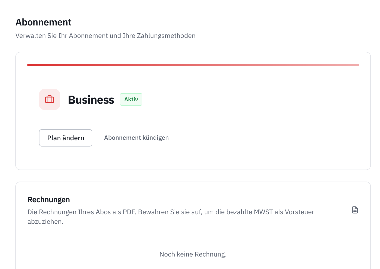 Die Seite Abonnement: der aktive Plan, die Schaltflächen Plan ändern und Abonnement kündigen, und die Zahlungshistorie.