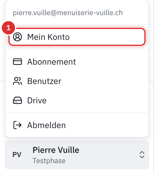 Das geöffnete Kontomenü unten links: die E-Mail, Mein Konto, Abonnement, Benutzer, Drive und Abmelden.
