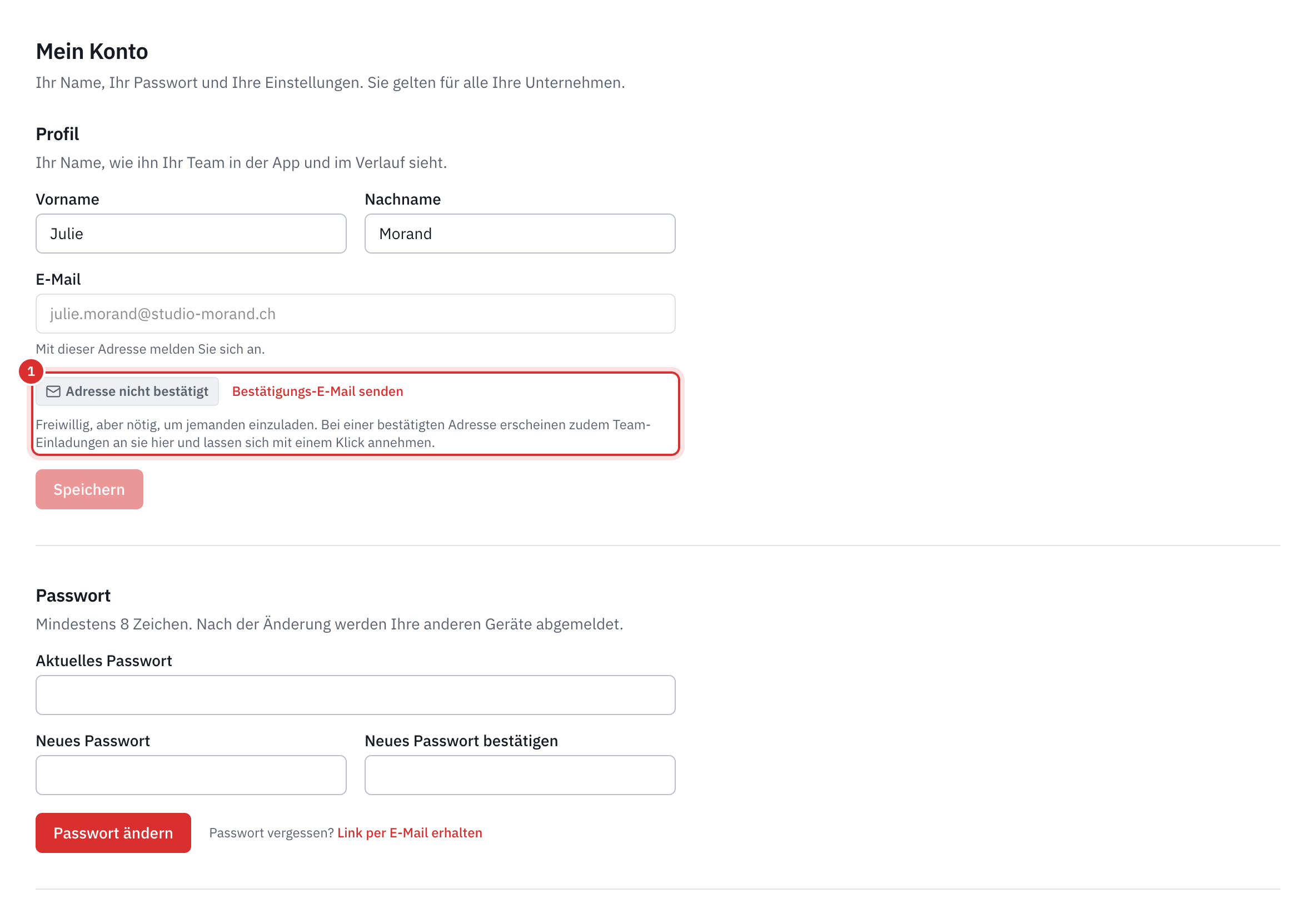 Die Seite Mein Konto: das Profil mit Vorname, Nachname, Anmelde-E-Mail und darunter Adresse nicht bestätigt mit dem Link Bestätigungs-E-Mail senden, dann das aktuelle Passwort, das neue und seine Bestätigung.