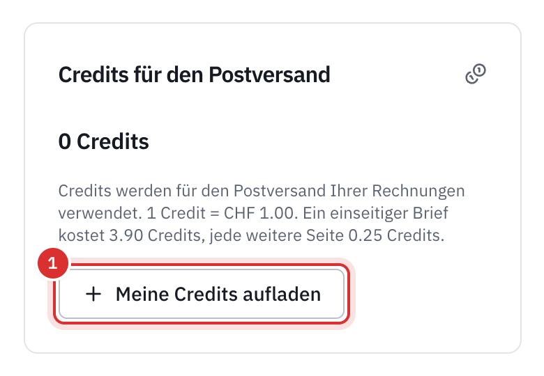 Die Karte Credits für den Postversand auf der Seite Abonnement: das Guthaben, der Tarif 1 Credit = CHF 1.00 mit dem Preis eines Briefs und die Schaltfläche Meine Credits aufladen.