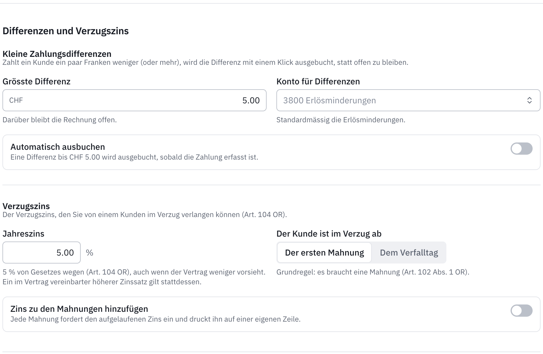 Der Teil Differenzen und Verzugszins: die grösste Differenz, das Konto für Differenzen, der Jahreszins und der Beginn des Verzugs.