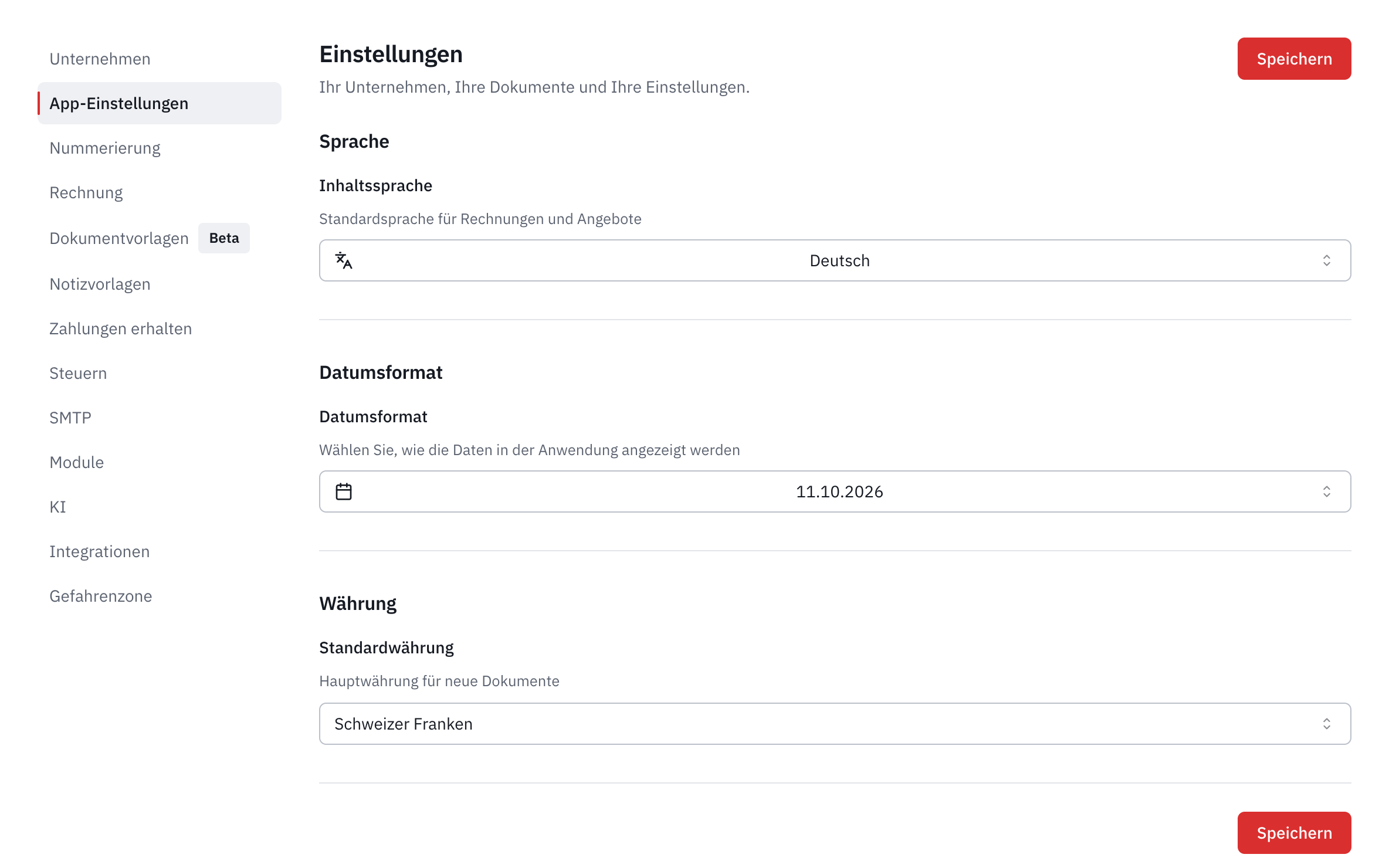 Der Tab App-Einstellungen: die Inhaltssprache, das Datumsformat und die Standardwährung.