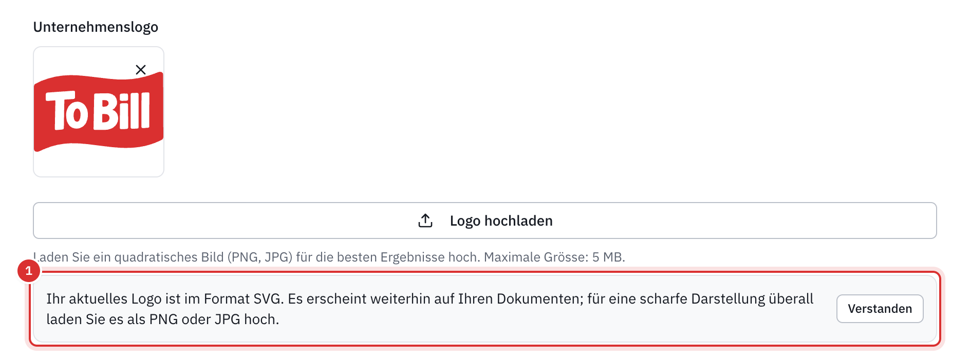 Das Unternehmenslogo in den Einstellungen, die Schaltfläche Logo hochladen und darunter die Meldung Ihr aktuelles Logo ist im Format SVG… mit der Schaltfläche Verstanden.