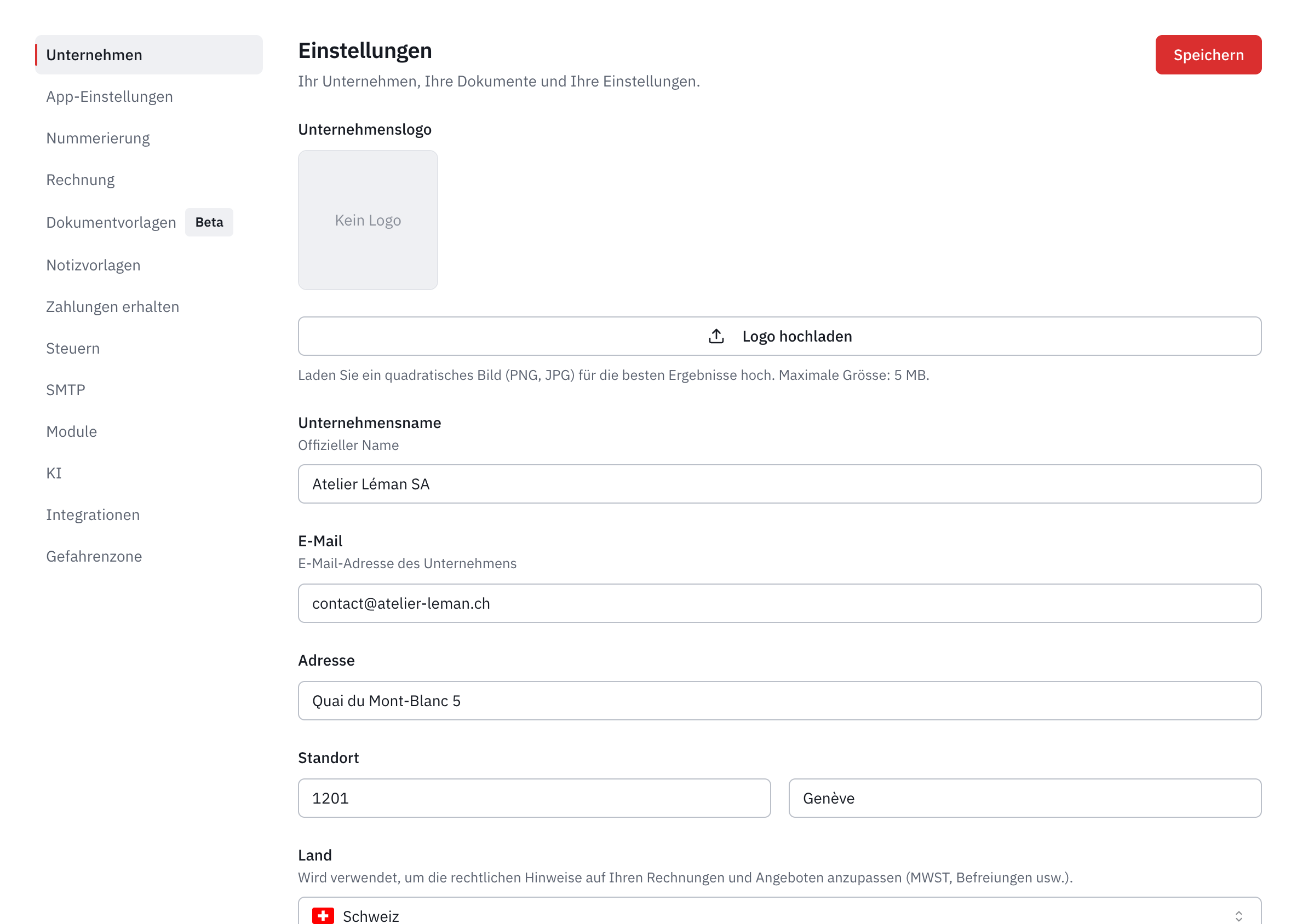 Der Tab Unternehmen in den Einstellungen: Logo, Name, E-Mail, Adresse, Standort und Land.
