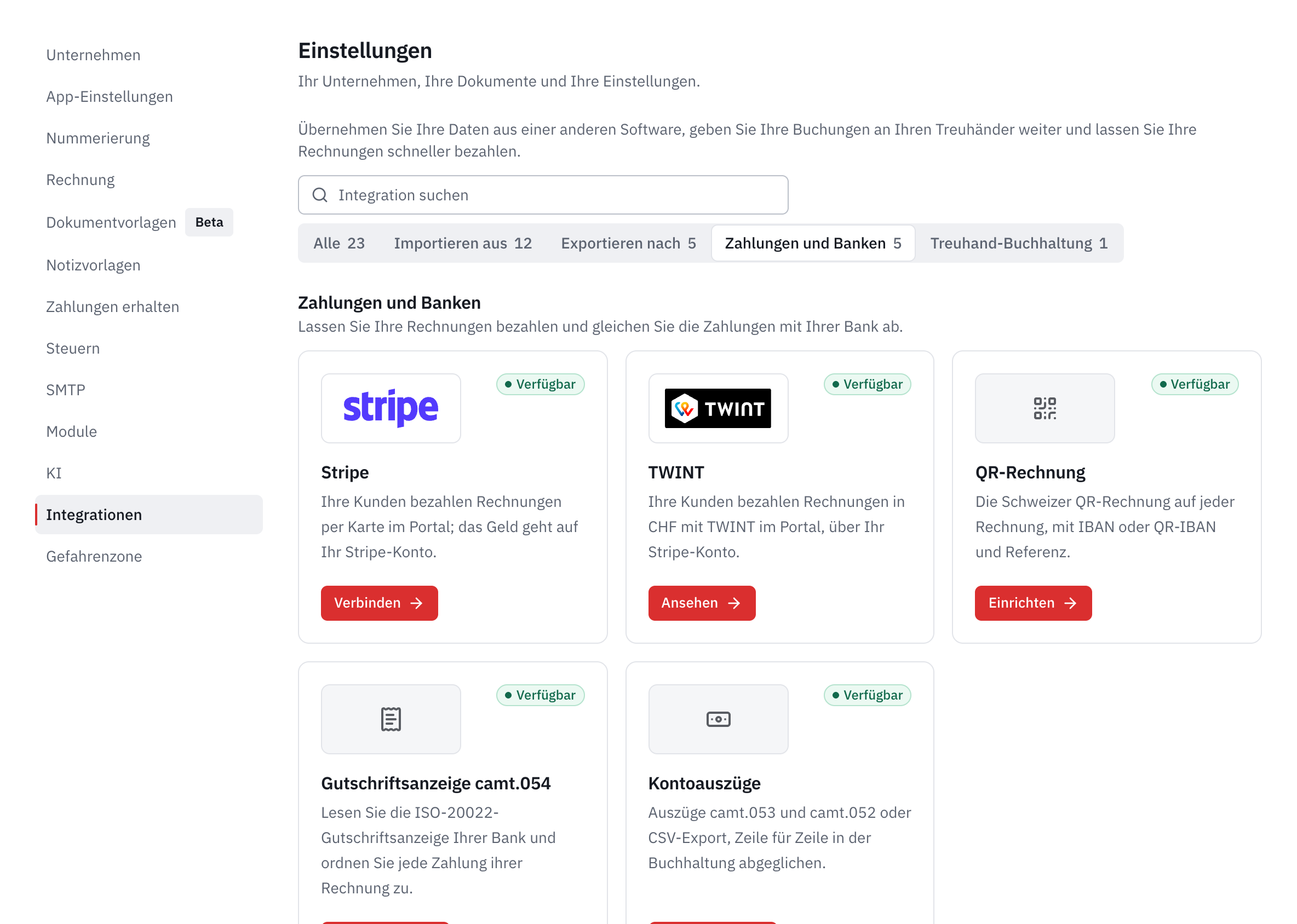 Die Kategorie Zahlungen und Banken: Stripe, TWINT, QR-Rechnung, Gutschriftsanzeige camt.054 und Kontoauszüge.
