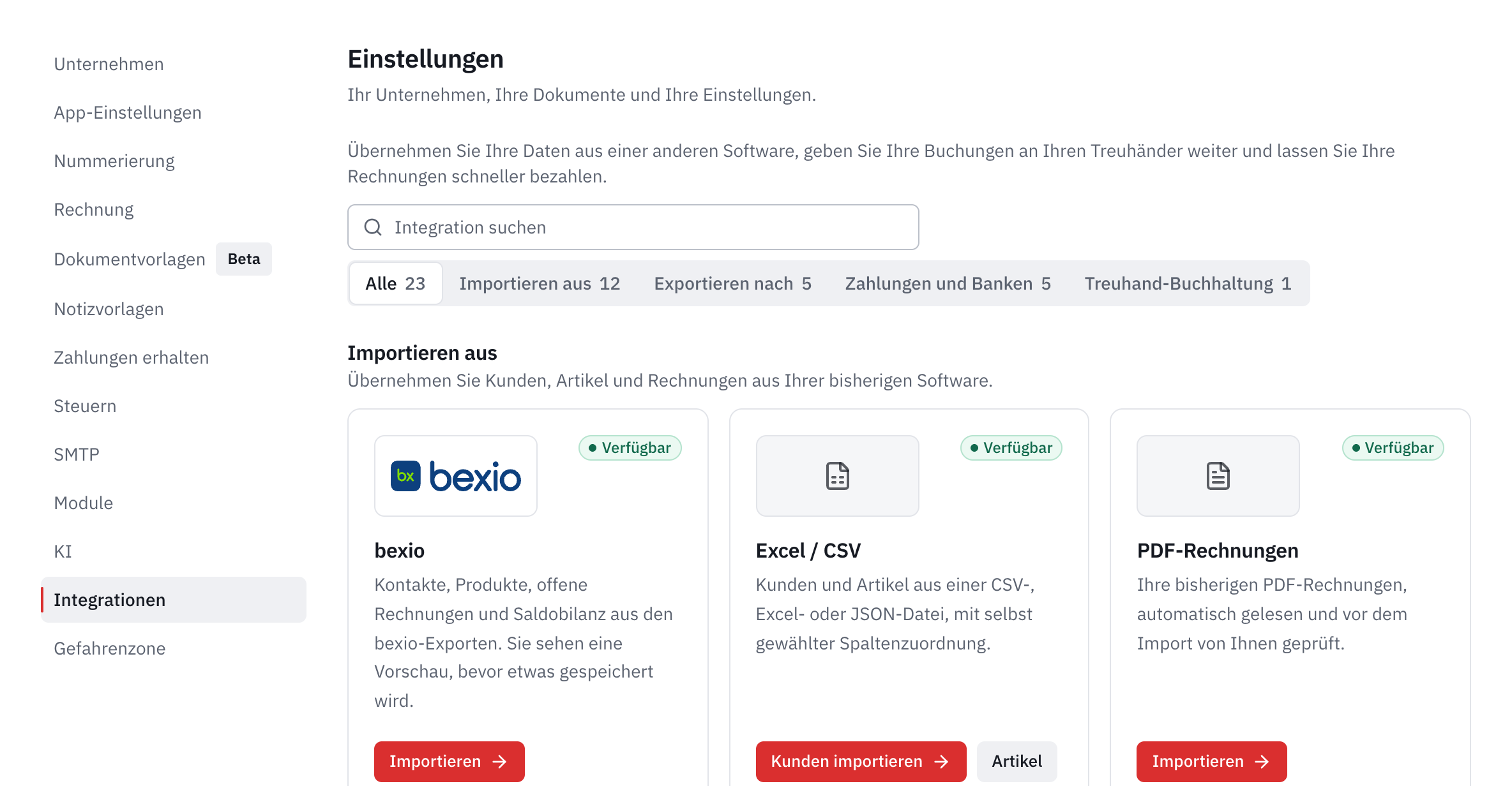 Der Tab Integrationen der Einstellungen: die Suche, die Kategorien und die Karten bexio, Excel / CSV und PDF-Rechnungen.