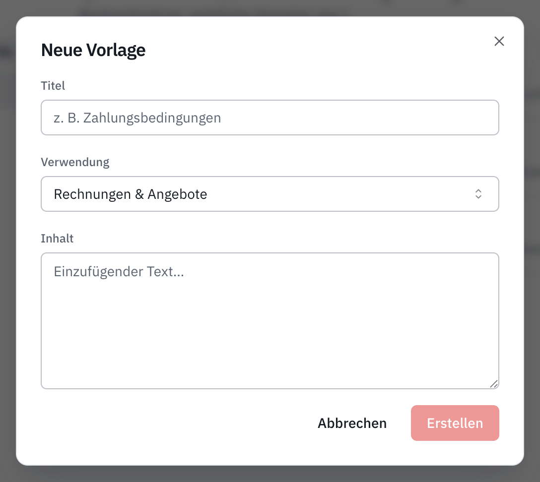 Das Fenster Neue Vorlage: Titel, Verwendung und Inhalt der Notiz.