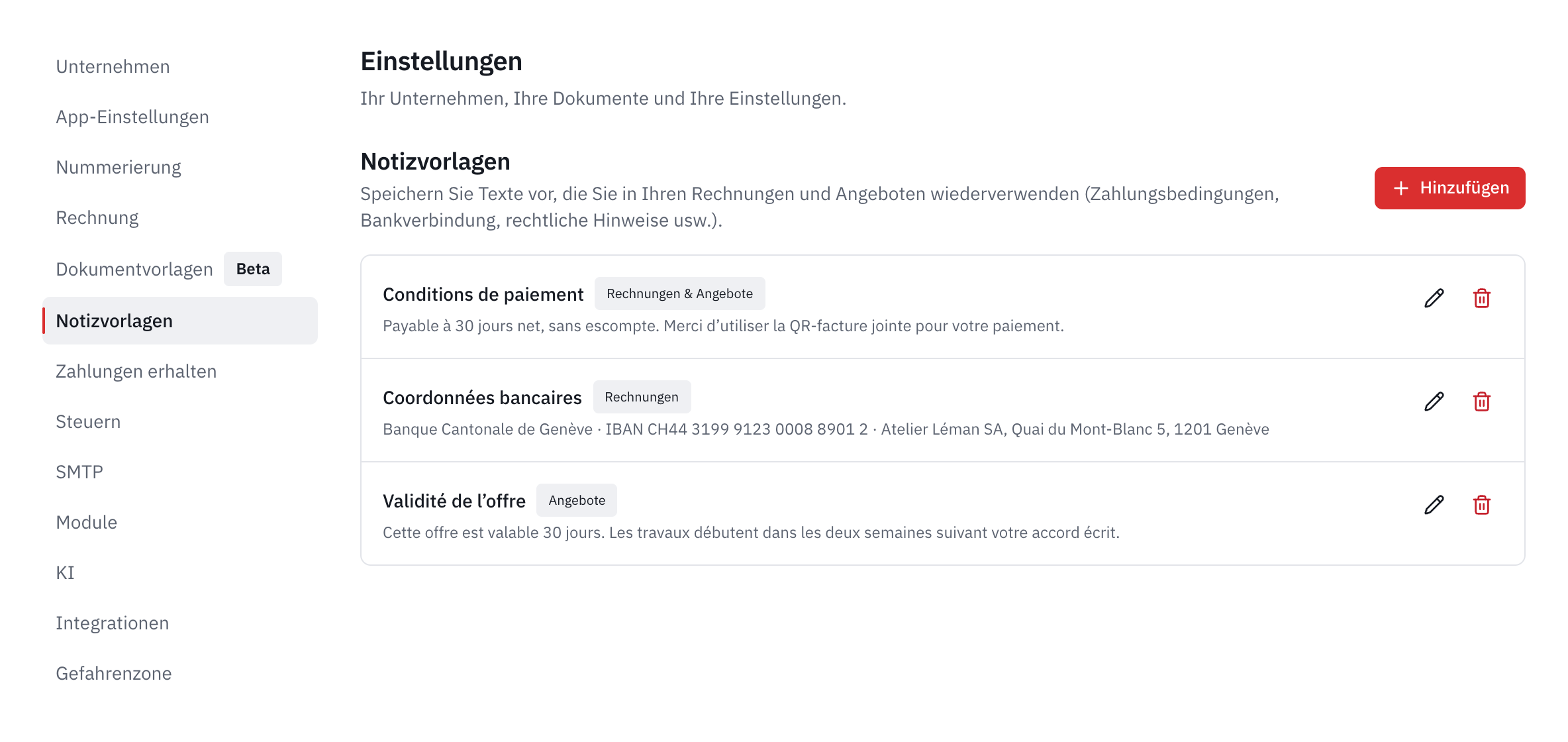Die Liste der Notizvorlagen: Zahlungsbedingungen, Bankverbindung und Gültigkeit des Angebots, mit ihrer Verwendung.