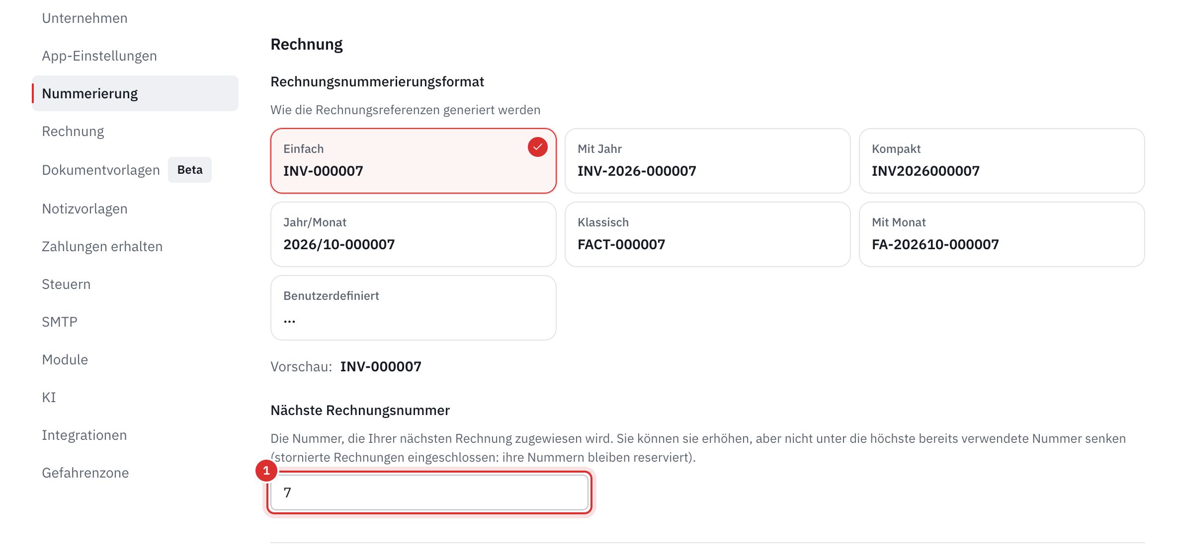 Der Teil Rechnung: die Nummerierungsformate der Rechnungen und das Feld Nächste Rechnungsnummer.