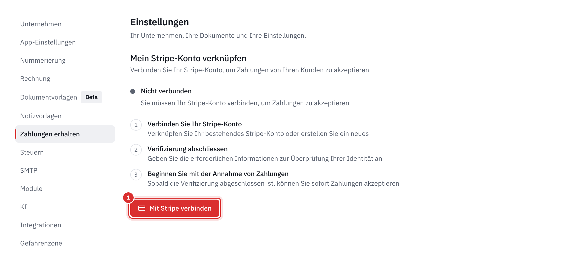 Der Tab Zahlungen erhalten: der Kasten Nicht verbunden, die drei Schritte und die Schaltfläche Mit Stripe verbinden.