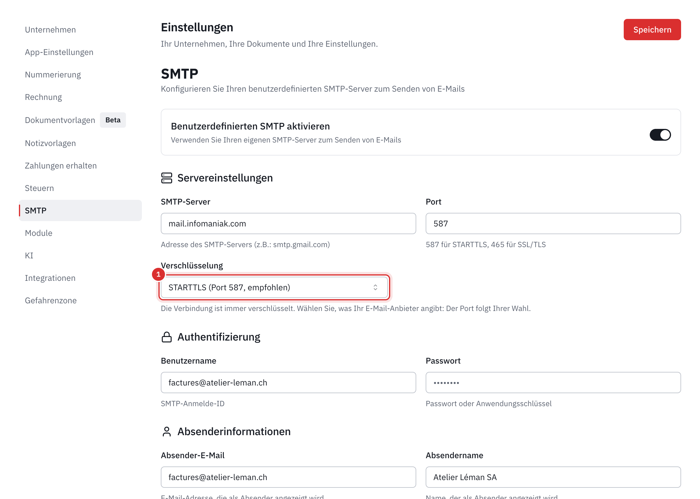 Der Tab SMTP: Server, Port, Verschlüsselung, Authentifizierung und Absender.
