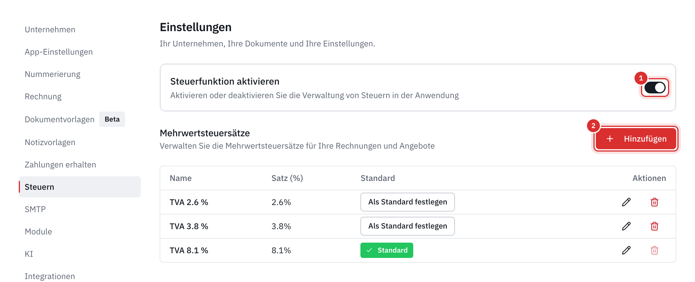 Der Tab Steuern: der Schalter Steuerfunktion aktivieren und die Liste der MWST-Sätze, mit dem Standardsatz.
