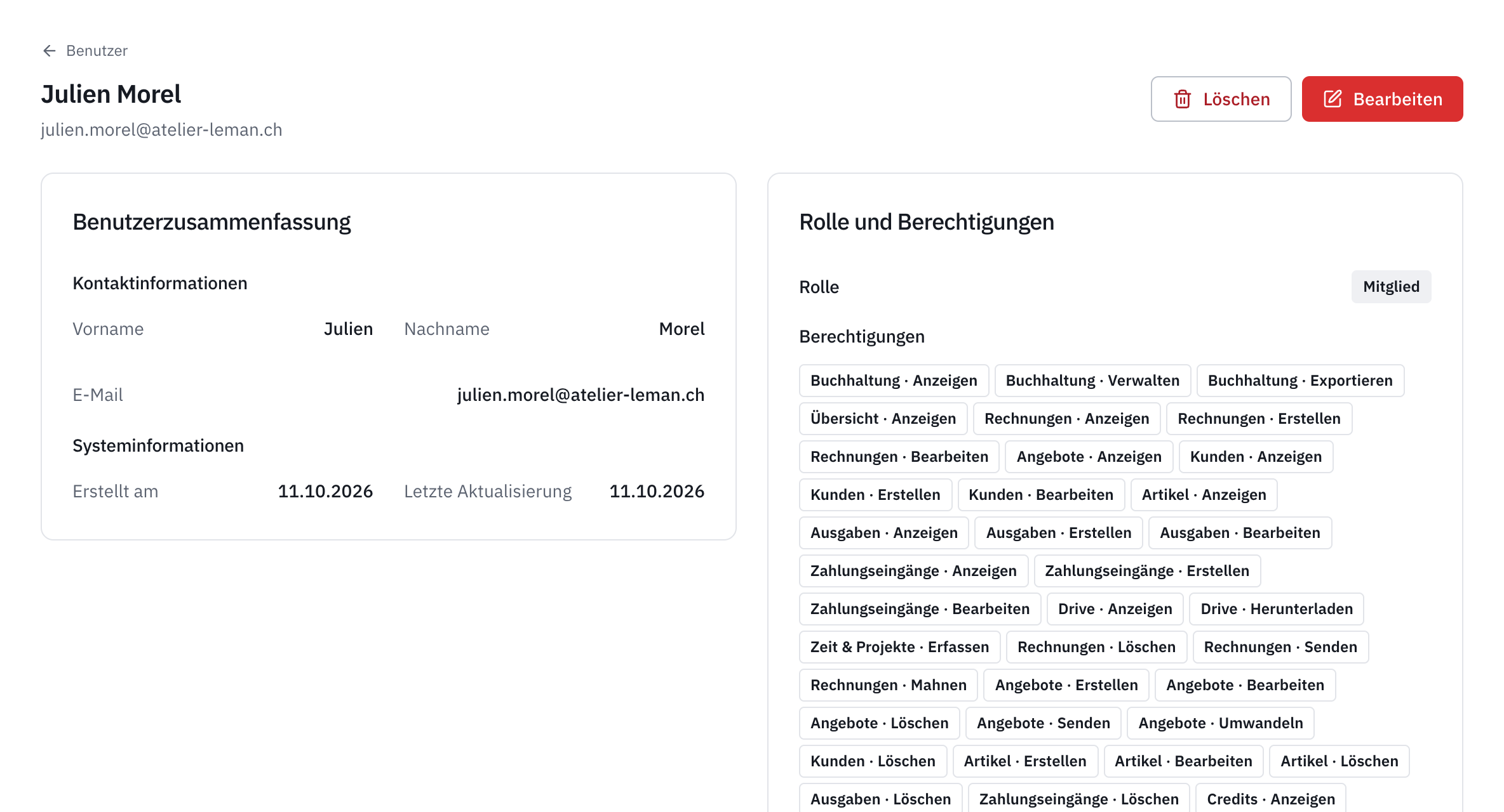 Die Detailseite eines Benutzers: Zusammenfassung, Kontaktangaben, Daten und Rolle mit Berechtigungen.