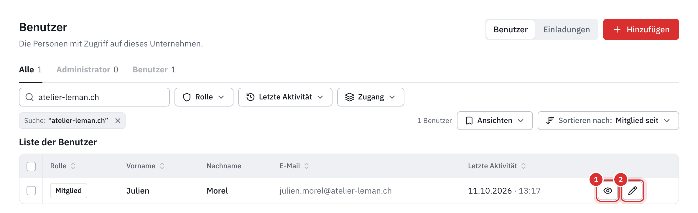 Die Liste der Benutzer: Rolle, Vorname, Name, E-Mail und letzte Aktivität jeder Person, mit den Schaltflächen Details und Bearbeiten.