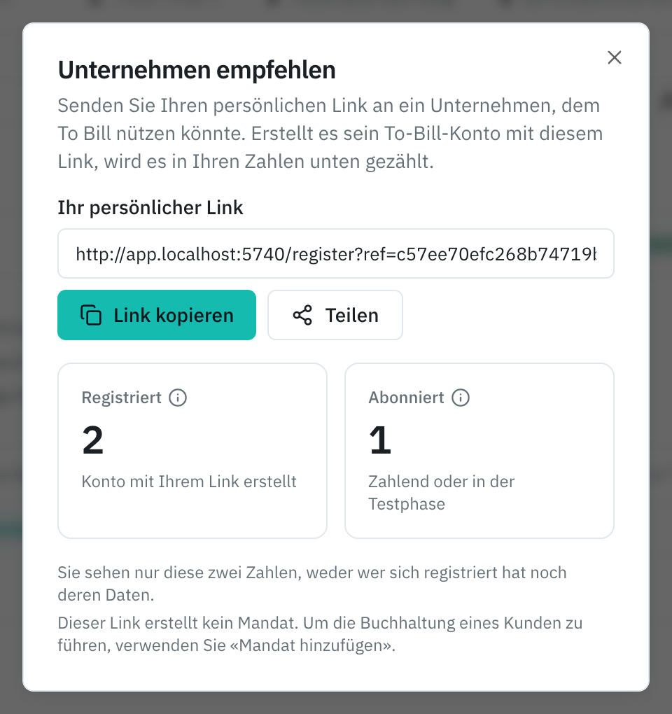 Das Fenster Unternehmen empfehlen im Cockpit: der persönliche Link, Link kopieren und Teilen, die Zähler Registriert und Abonniert und der Satz Dieser Link erstellt kein Mandat.