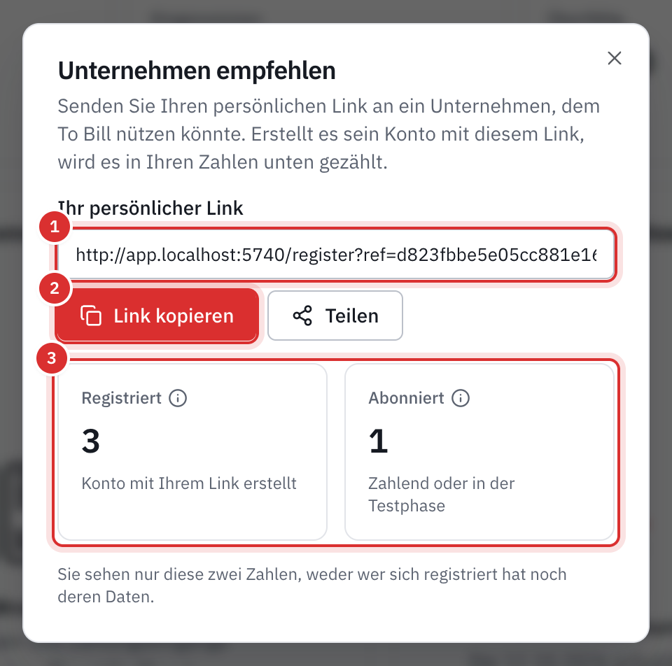 Das Fenster Unternehmen empfehlen: der persönliche Link, die Schaltflächen Link kopieren und Teilen, darunter die Zähler Registriert und Abonniert.