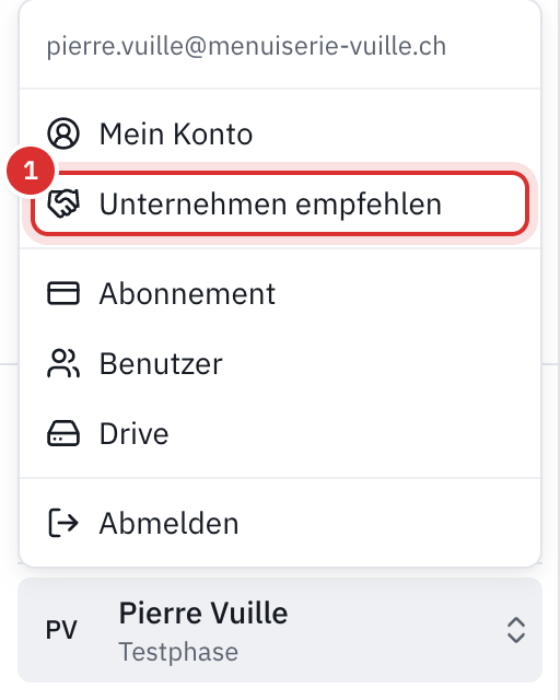 Das geöffnete Kontomenü unten links, mit dem Eintrag Unternehmen empfehlen unter Mein Konto.
