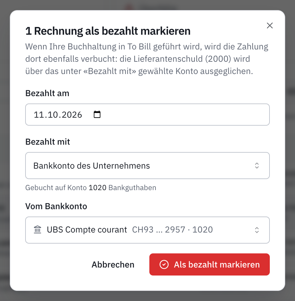 Das Fenster 1 Rechnung als bezahlt markieren: das Zahlungsdatum, Bezahlt mit Bankkonto des Unternehmens, gebucht auf Konto 1020, und das Bankkonto UBS Compte courant.