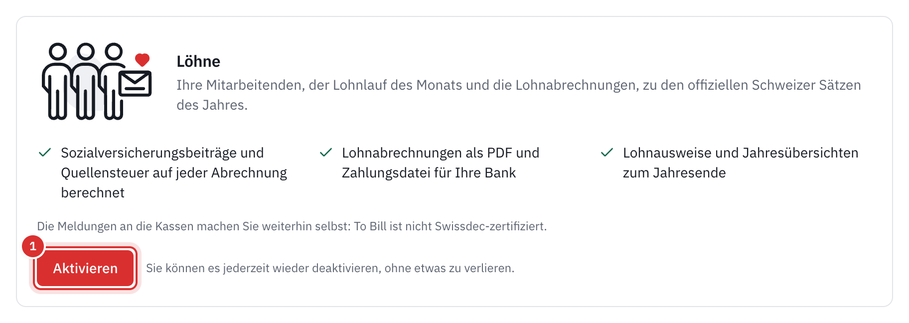 Die Karte Löhne unter Einstellungen, Module: was das Modul tut, der Vermerk zu Swissdec und die Schaltfläche Aktivieren.