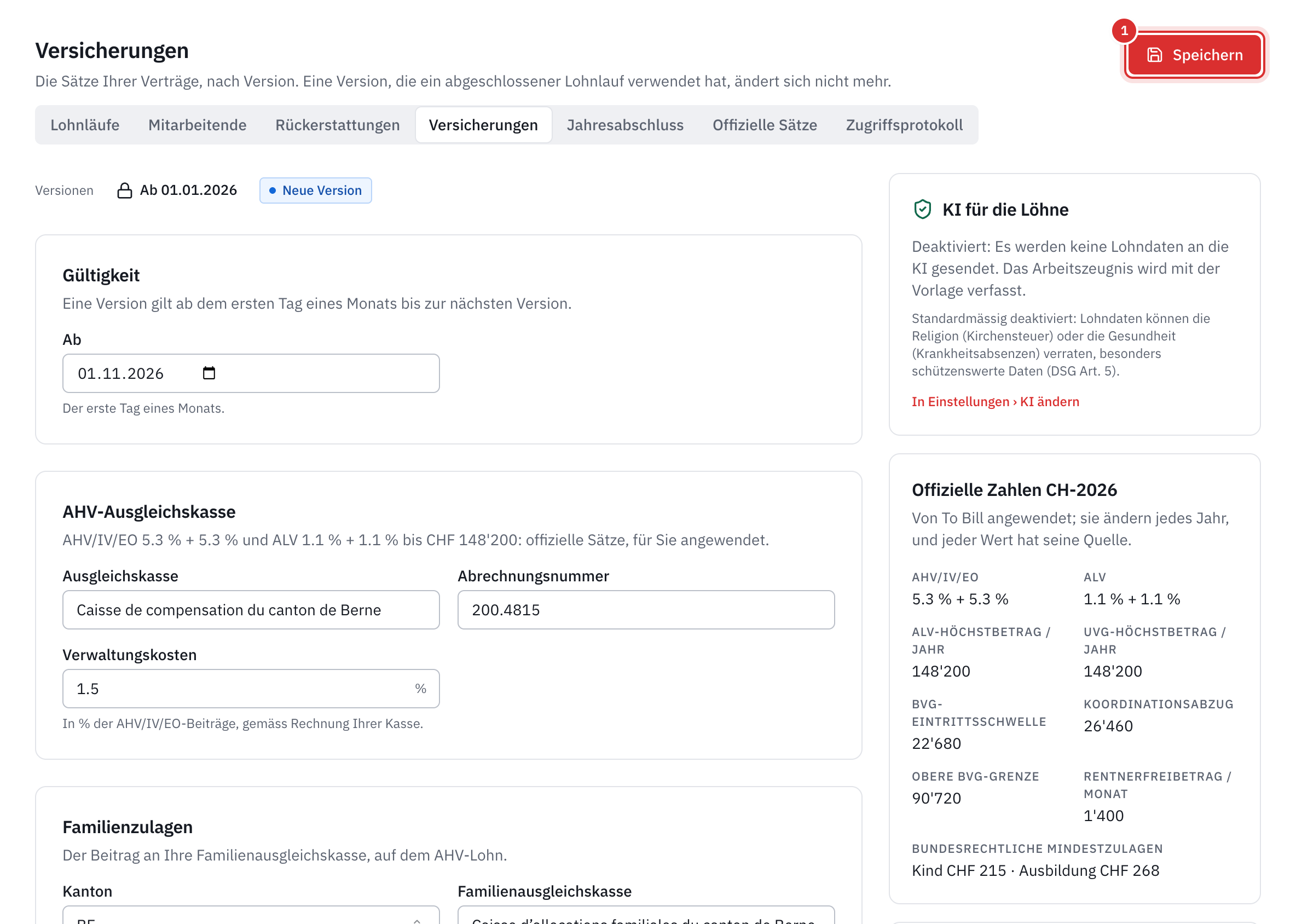 Eine neue Version der Versicherungen: das Gültigkeitsdatum, die AHV-Ausgleichskasse und rechts die offiziellen Zahlen des Jahres.