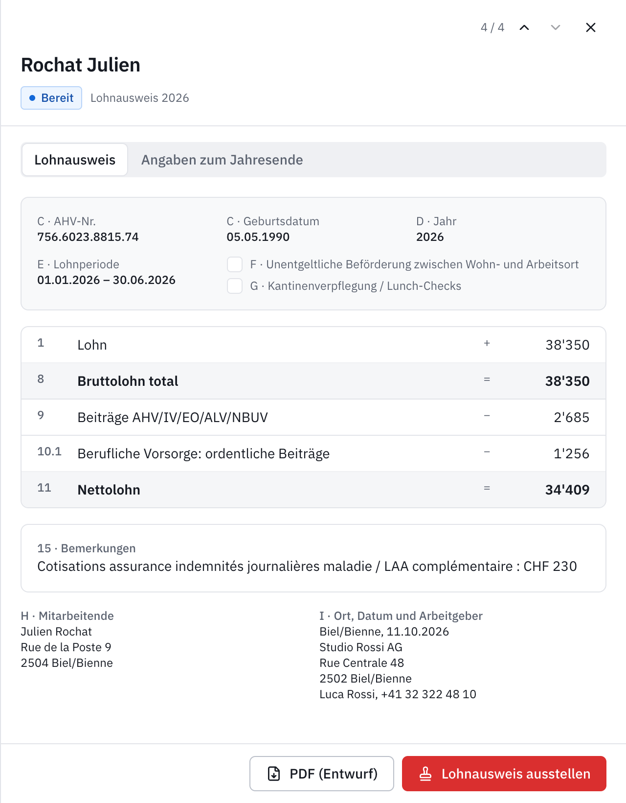 Der Lohnausweis einer im Juni ausgetretenen Person: die Lohnperiode, die Ziffern 1 bis 11, die Bemerkungen und die Schaltfläche Lohnausweis ausstellen.