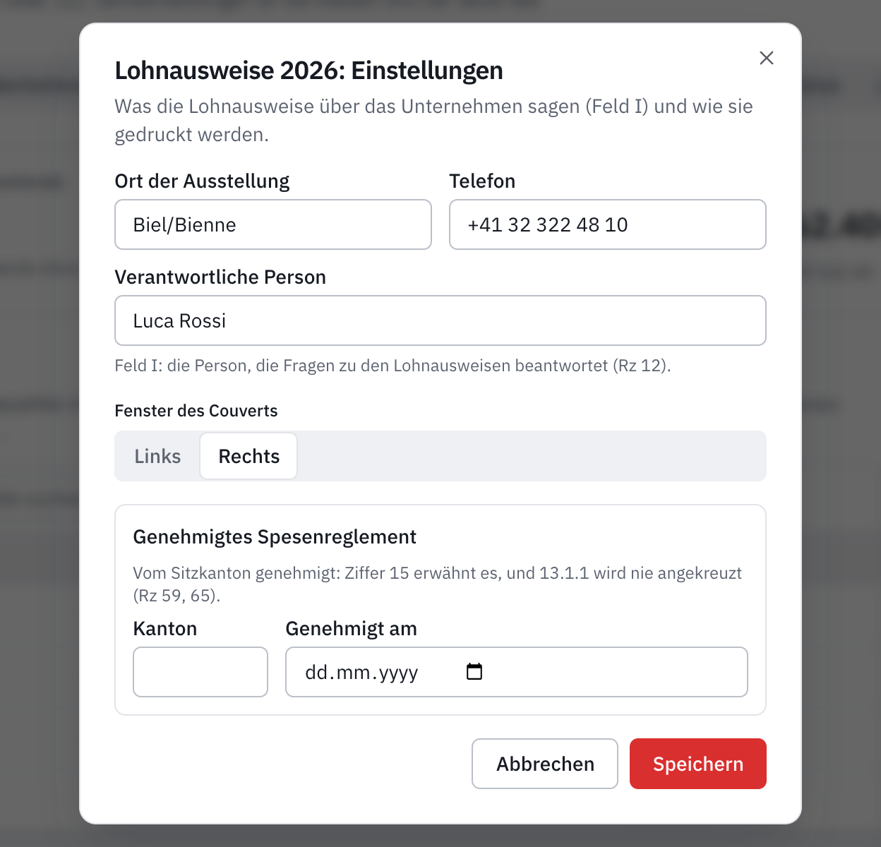 Das Fenster Lohnausweise 2026: Einstellungen: Ort der Ausstellung, Telefon, verantwortliche Person, Fenster des Couverts und genehmigtes Spesenreglement.