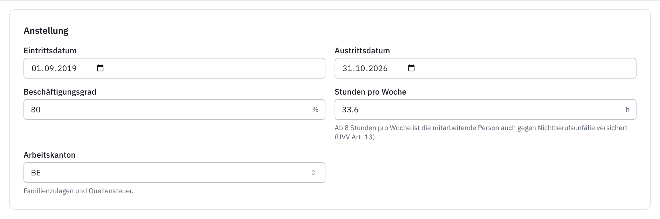 Der Bereich Anstellung: Eintrittsdatum, Austrittsdatum, Beschäftigungsgrad, Stunden pro Woche und Arbeitskanton.