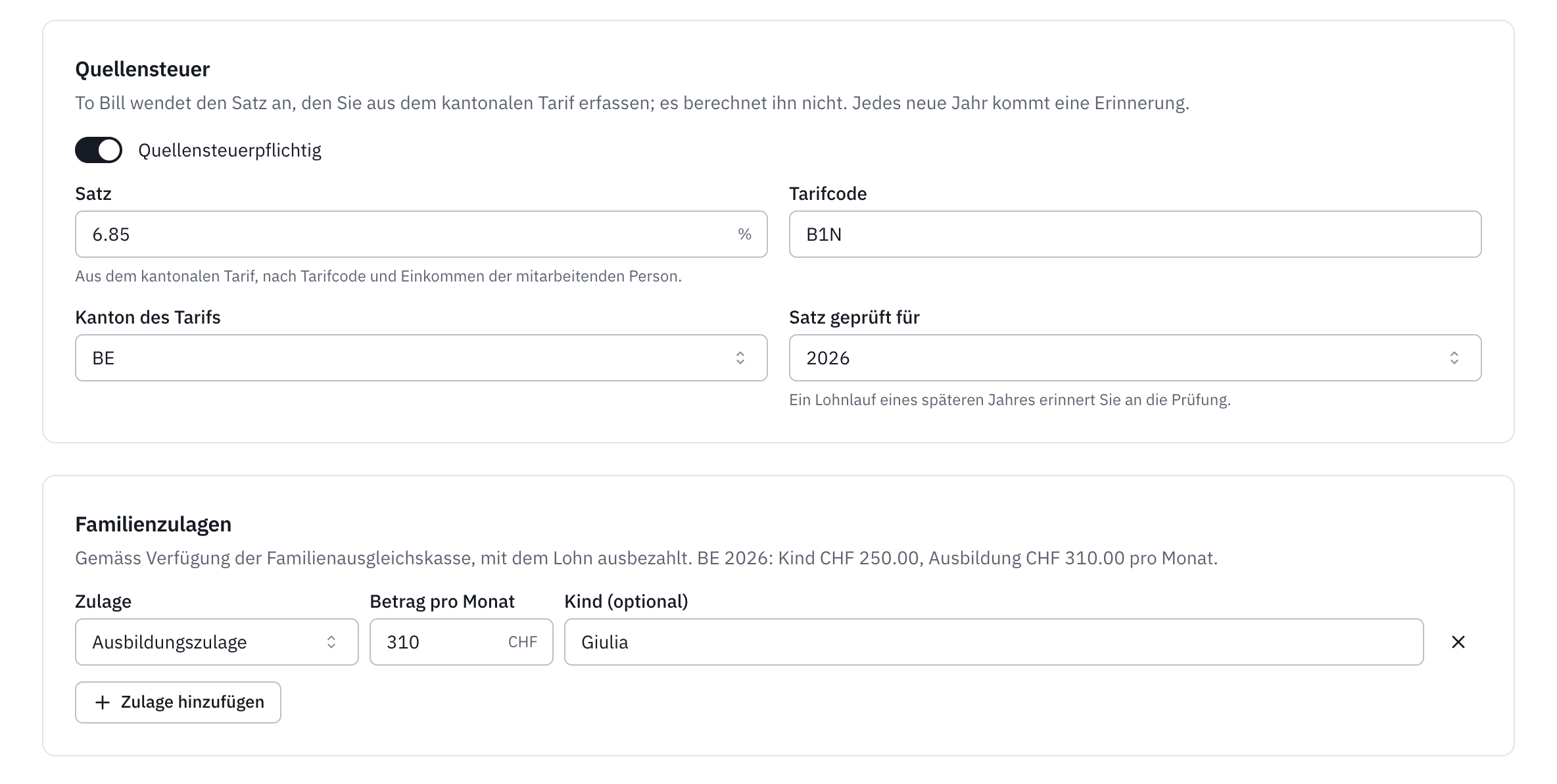 Die Bereiche Quellensteuer und Familienzulagen einer quellensteuerpflichtigen Person, mit einer Ausbildungszulage.