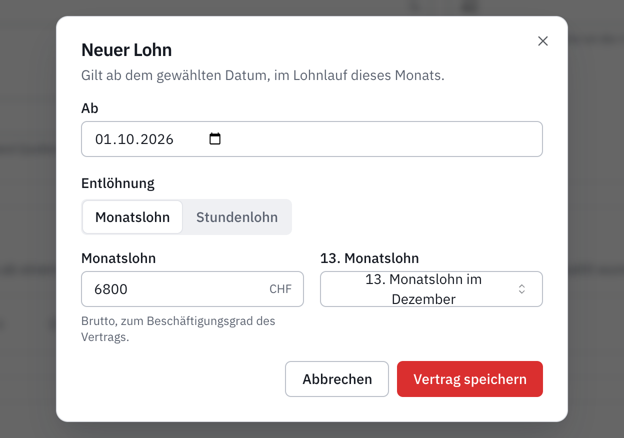Das Fenster Neuer Lohn: das Gültigkeitsdatum, der Monatslohn und der 13. Monatslohn.