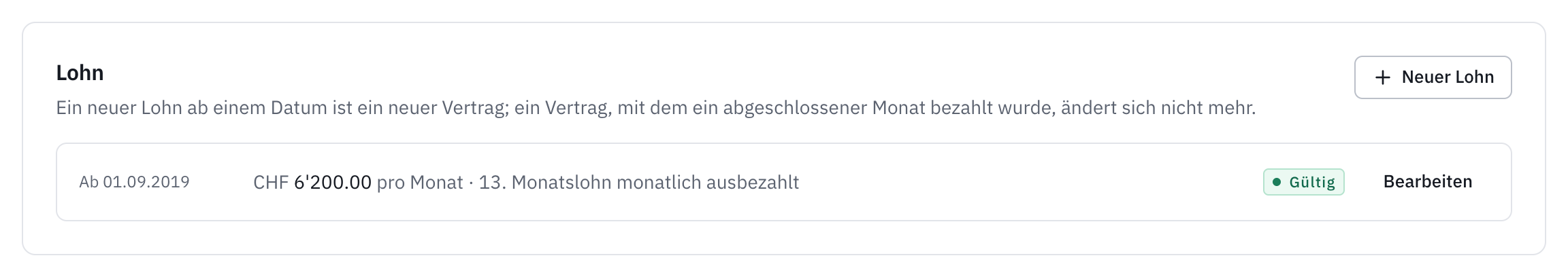 Der Bereich Lohn einer Person: der gültige Vertrag und die Schaltfläche Neuer Lohn.