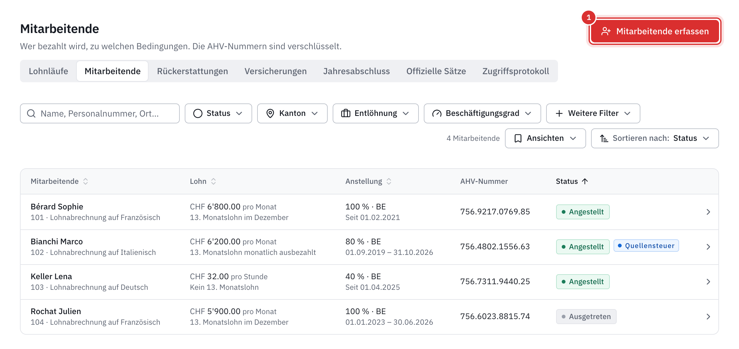 Die Liste der Mitarbeitenden: Lohn, Anstellung, vollständige AHV-Nummer und Status, mit der Schaltfläche Person erfassen.