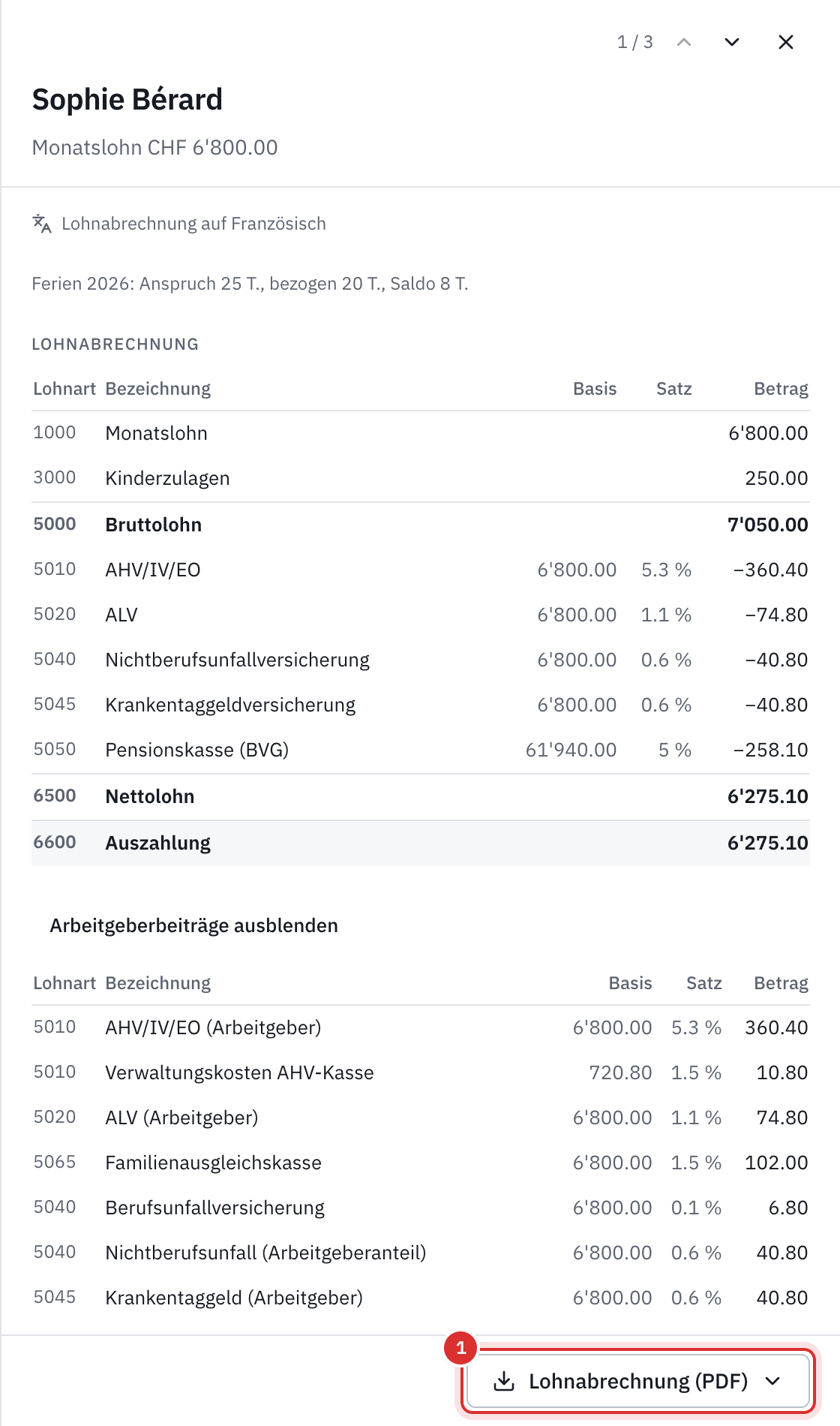Die Lohnabrechnung einer Mitarbeiterin im Lohnlauf: die Lohnzeilen, die Abzüge, der Nettolohn und die Arbeitgeberbeiträge.