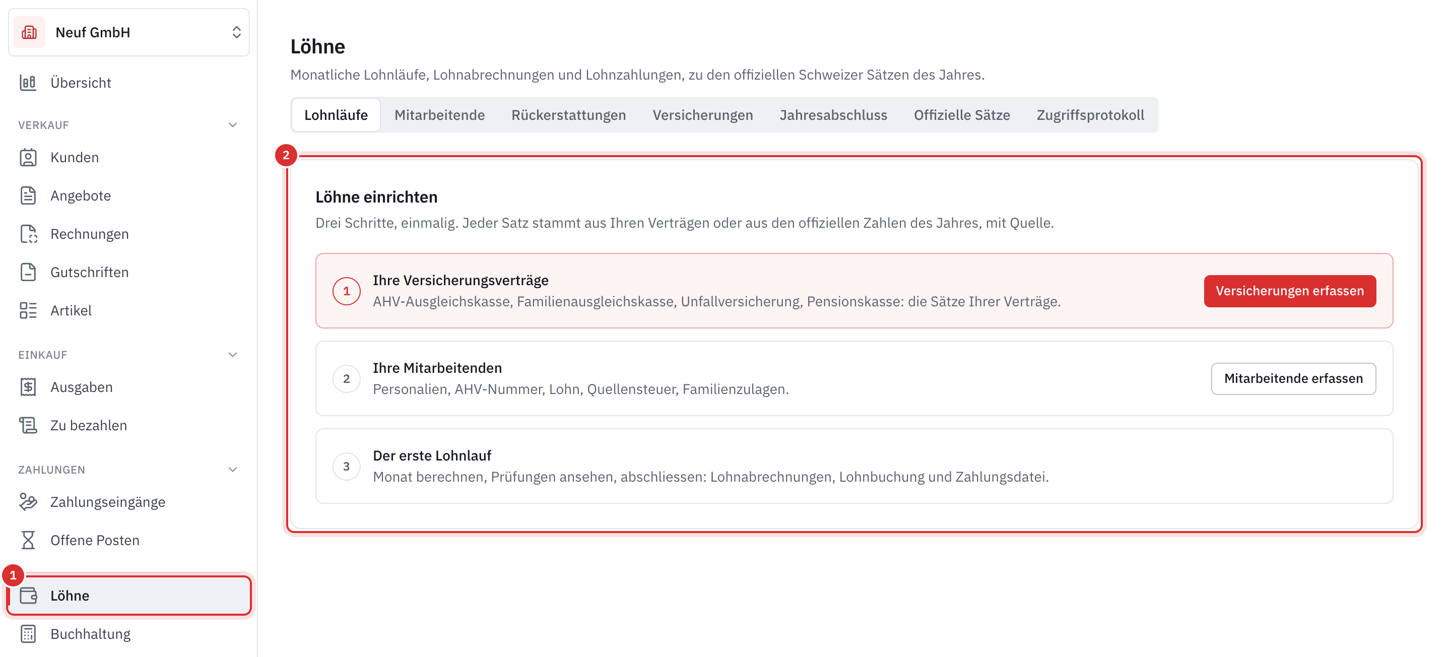 Die Seite Löhne eines Unternehmens, das das Modul eben aktiviert hat: das Menü Löhne und die drei Einrichtungsschritte.