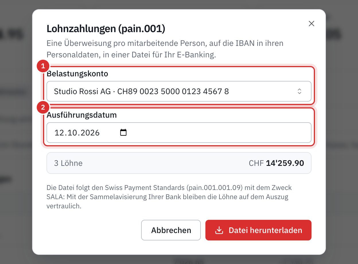 Das Fenster Lohnzahlungen: Belastungskonto, Ausführungsdatum, Anzahl Löhne und Total.