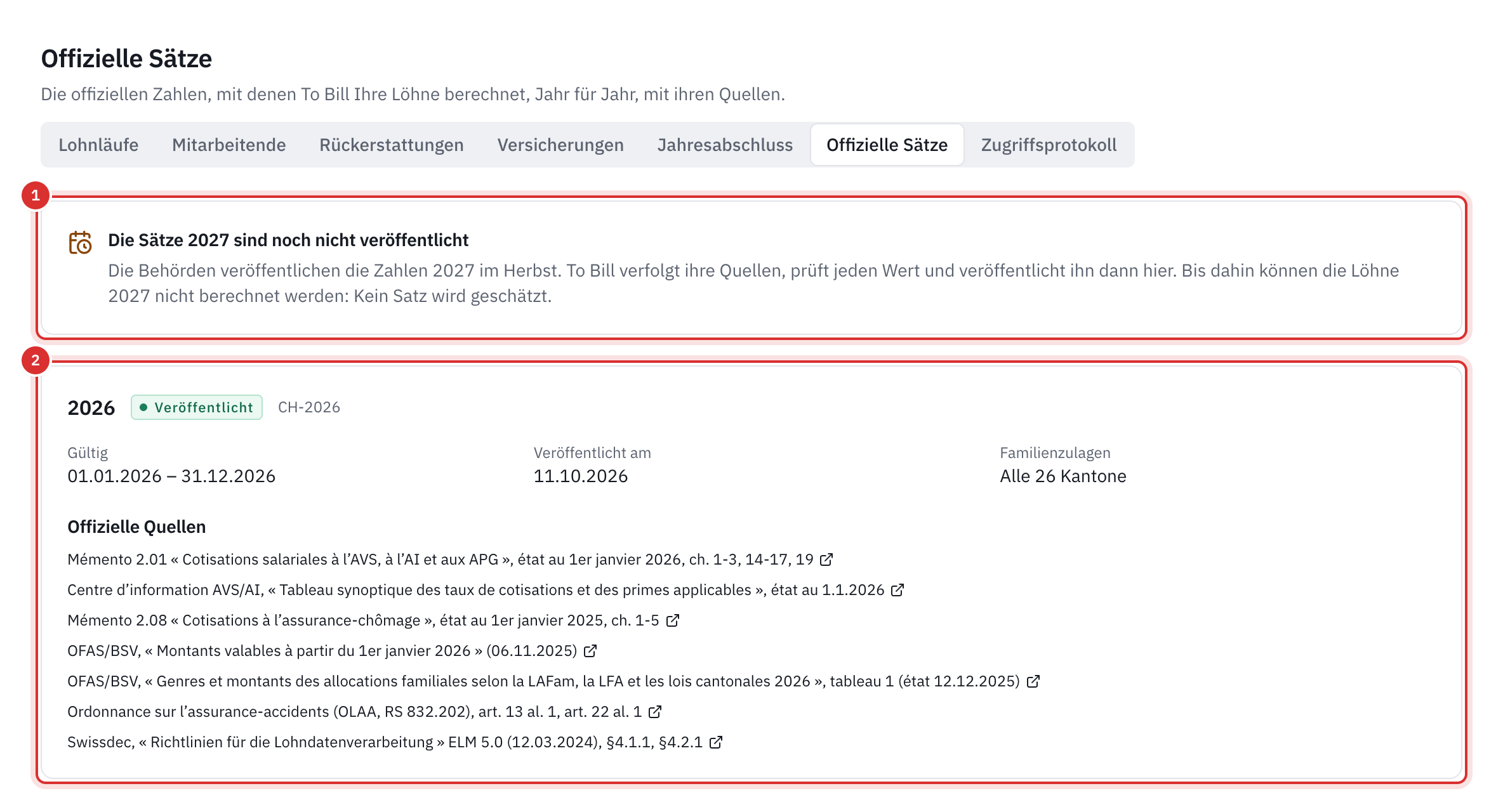 Die Seite Offizielle Sätze: der Hinweis, dass die Sätze 2027 noch nicht veröffentlicht sind (1), dann das veröffentlichte Jahr 2026 mit Zeitraum, Veröffentlichungsdatum, den 26 Kantonen und seinen amtlichen Quellen (2).