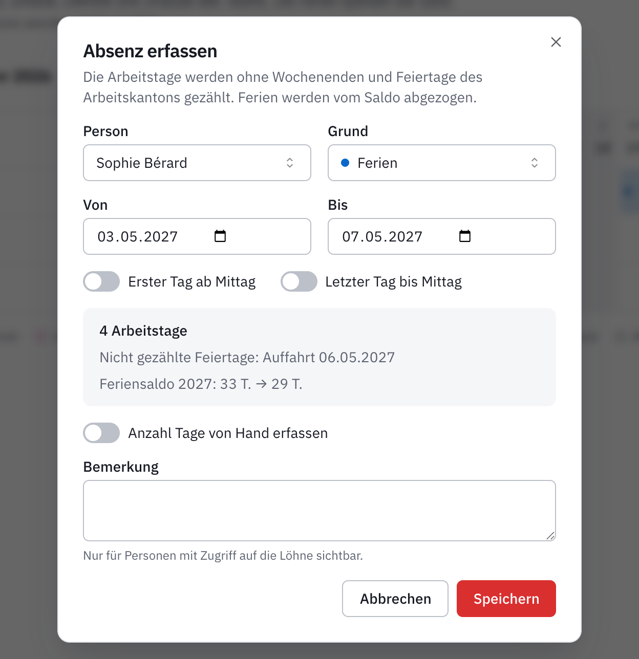Eine neue Absenz von Sophie Bérard, Ferien von Montag bis Freitag in der Auffahrtswoche: 4 Arbeitstage, Auffahrt nicht gezählt, und der Feriensaldo vorher und nachher.