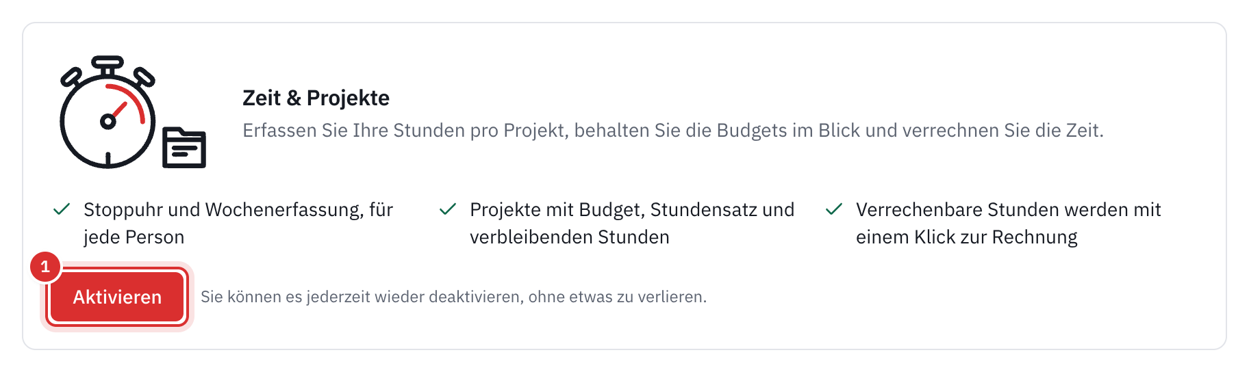Die Karte Zeit & Projekte unter Einstellungen, Module, mit der Schaltfläche Aktivieren.