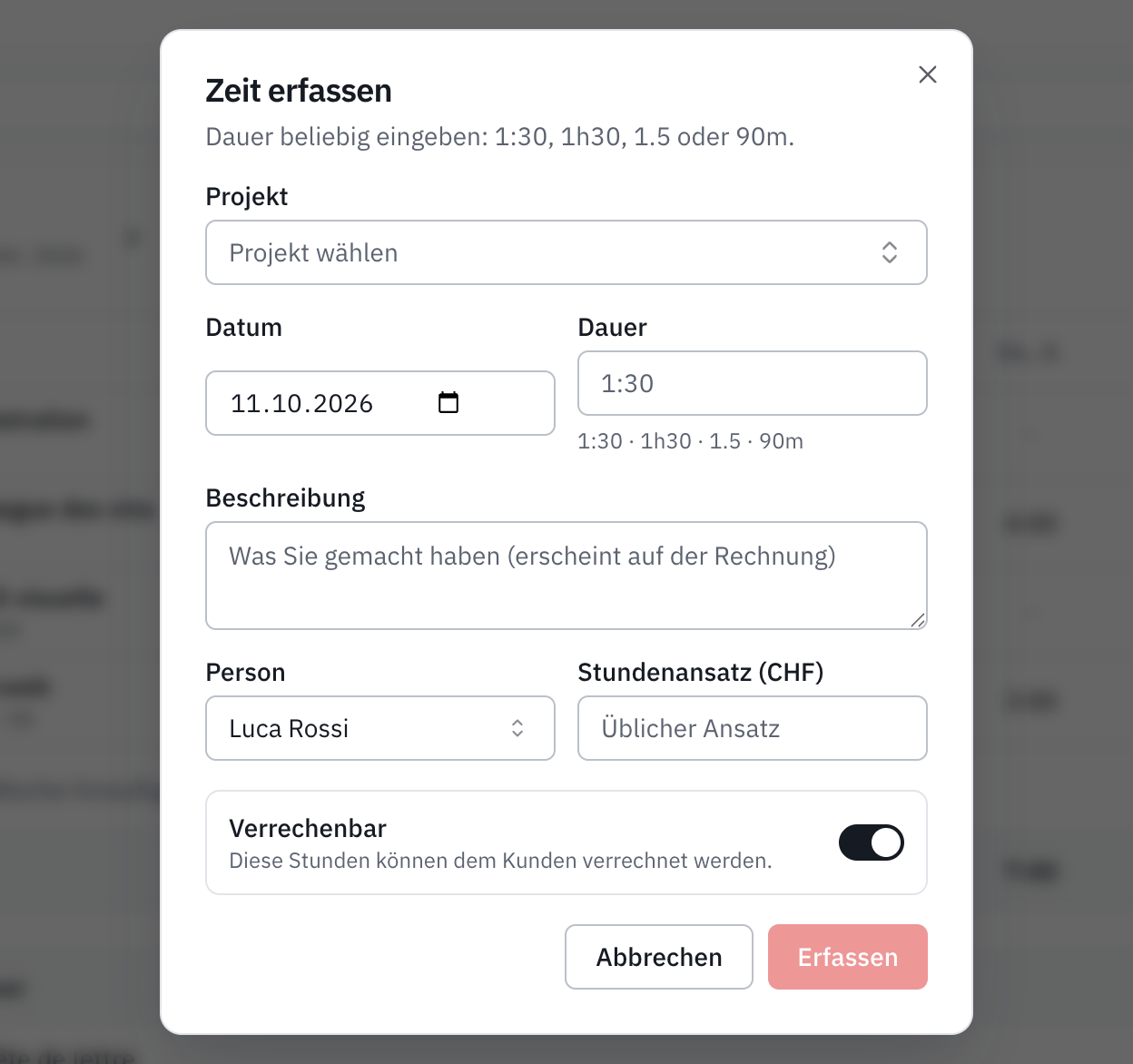 Das Fenster Zeit erfassen: Projekt, Datum, Dauer, Beschreibung, Person, Stundenansatz und Verrechenbar.