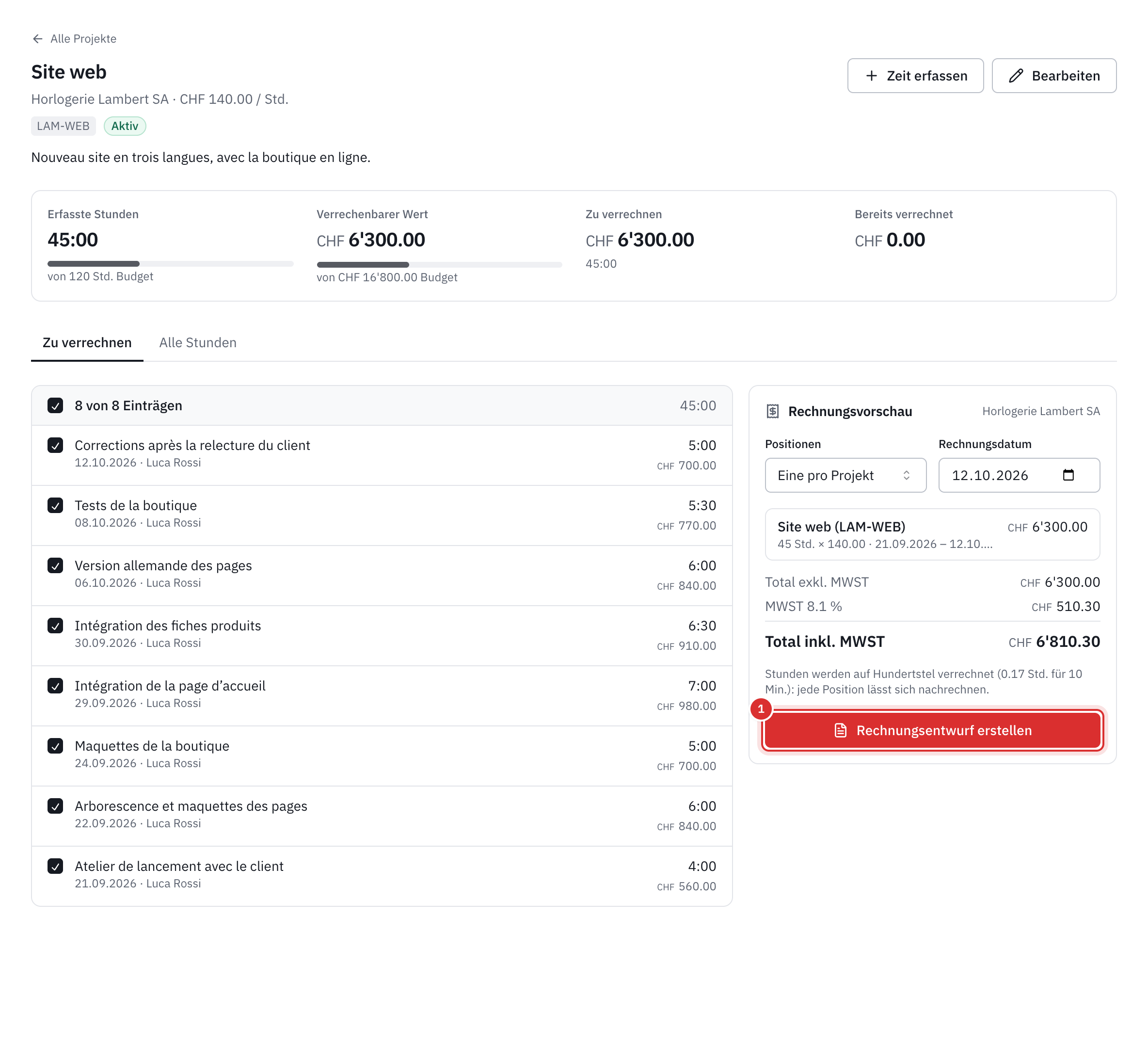 Der Tab Zu verrechnen eines Projekts: links die angekreuzten Stunden, rechts die Rechnungsvorschau mit dem Total inkl. MWST und der Schaltfläche Rechnungsentwurf erstellen.