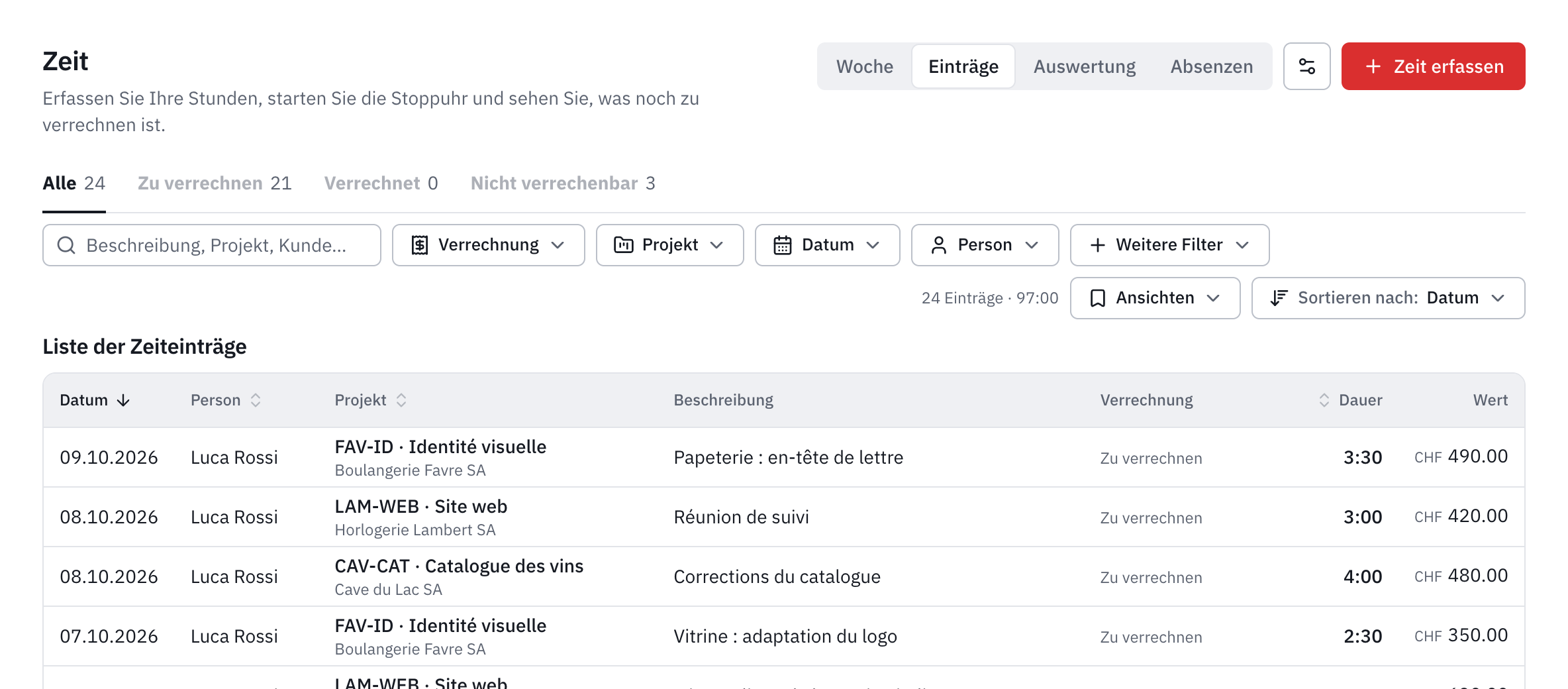 Der Tab Einträge: die Tabs Alle, Zu verrechnen, Verrechnet und Nicht verrechenbar, die Filter und die Liste der Einträge mit ihrem Wert.