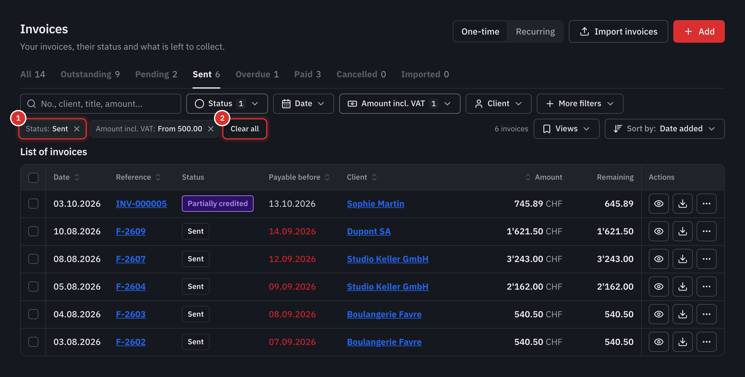 Two active filters, Status Sent and Amount incl. VAT from 500, with Clear all and the list reduced to five invoices.