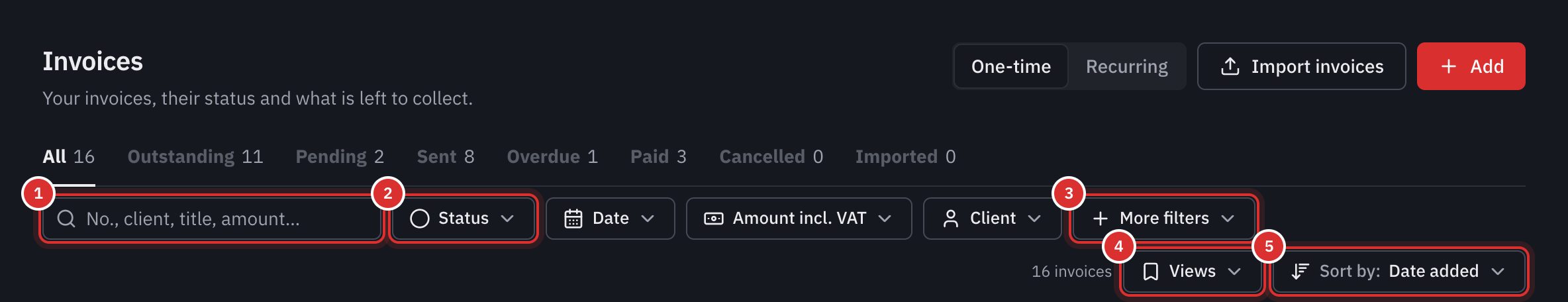 The toolbar of the list of invoices: the search, the Status, Date, Amount incl. VAT and Client filters, More filters, Views and Sort by.