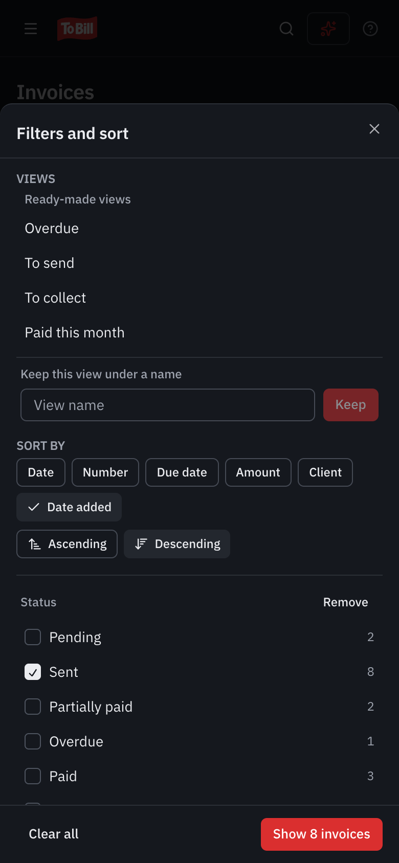 The Filters and sort panel on a phone: the views, the sort order and the Status filter, with the Show 7 invoices button.