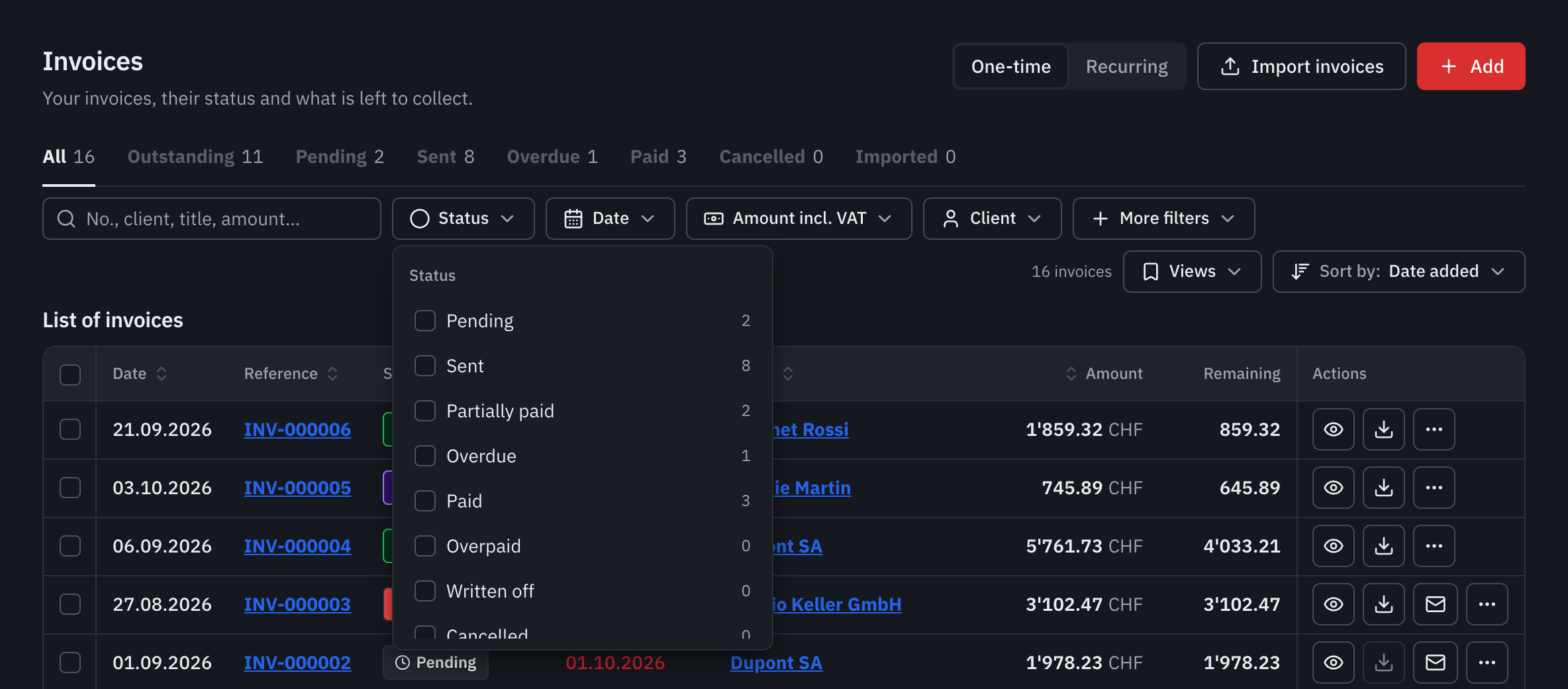 The Status filter open: Pending, Sent, Partially paid, Overdue, Paid, with their number.